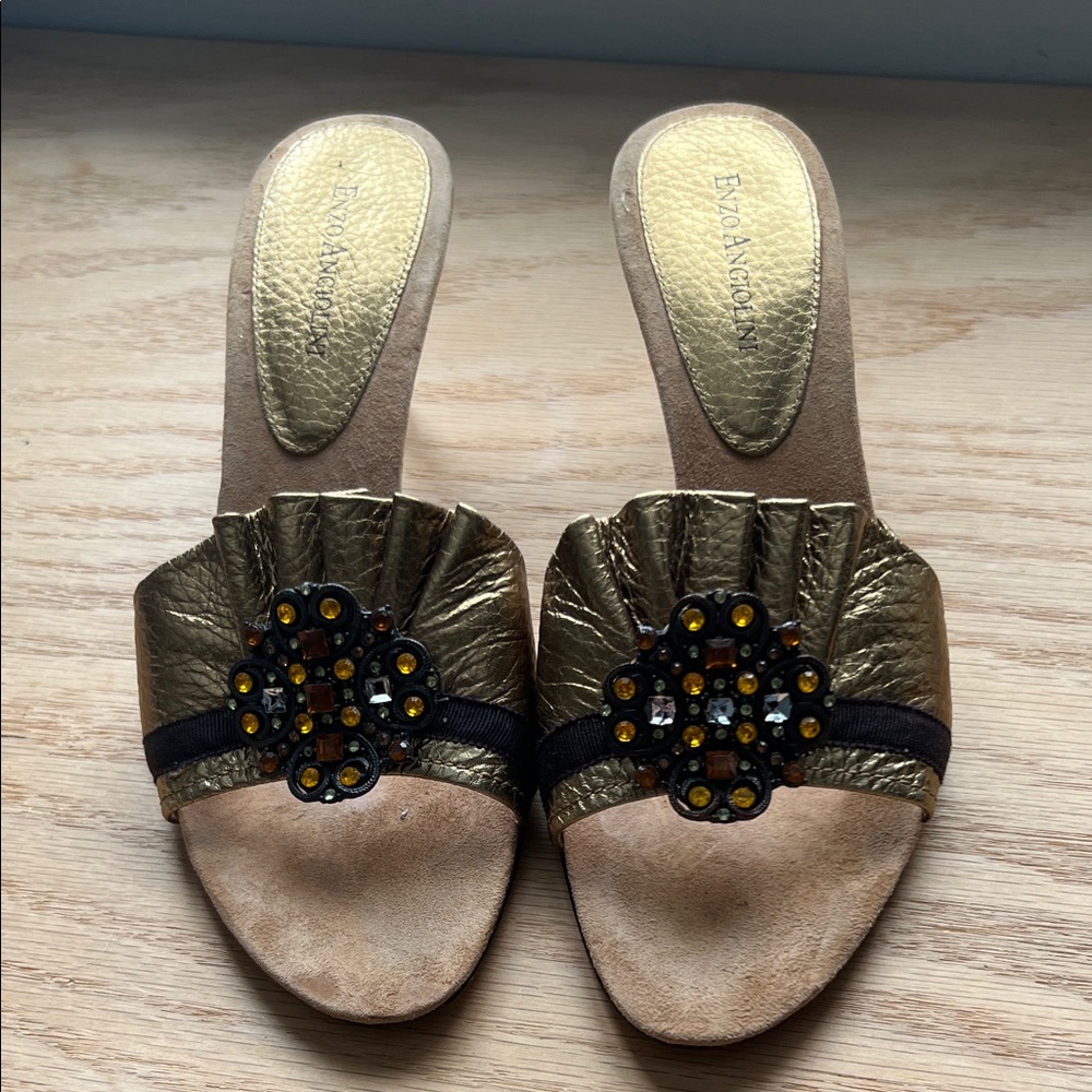 Enzo Angiolini Gold and Tan Embellished Sandals
